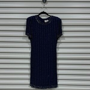 Navy Beaded Short-Sleeve Mini Dress